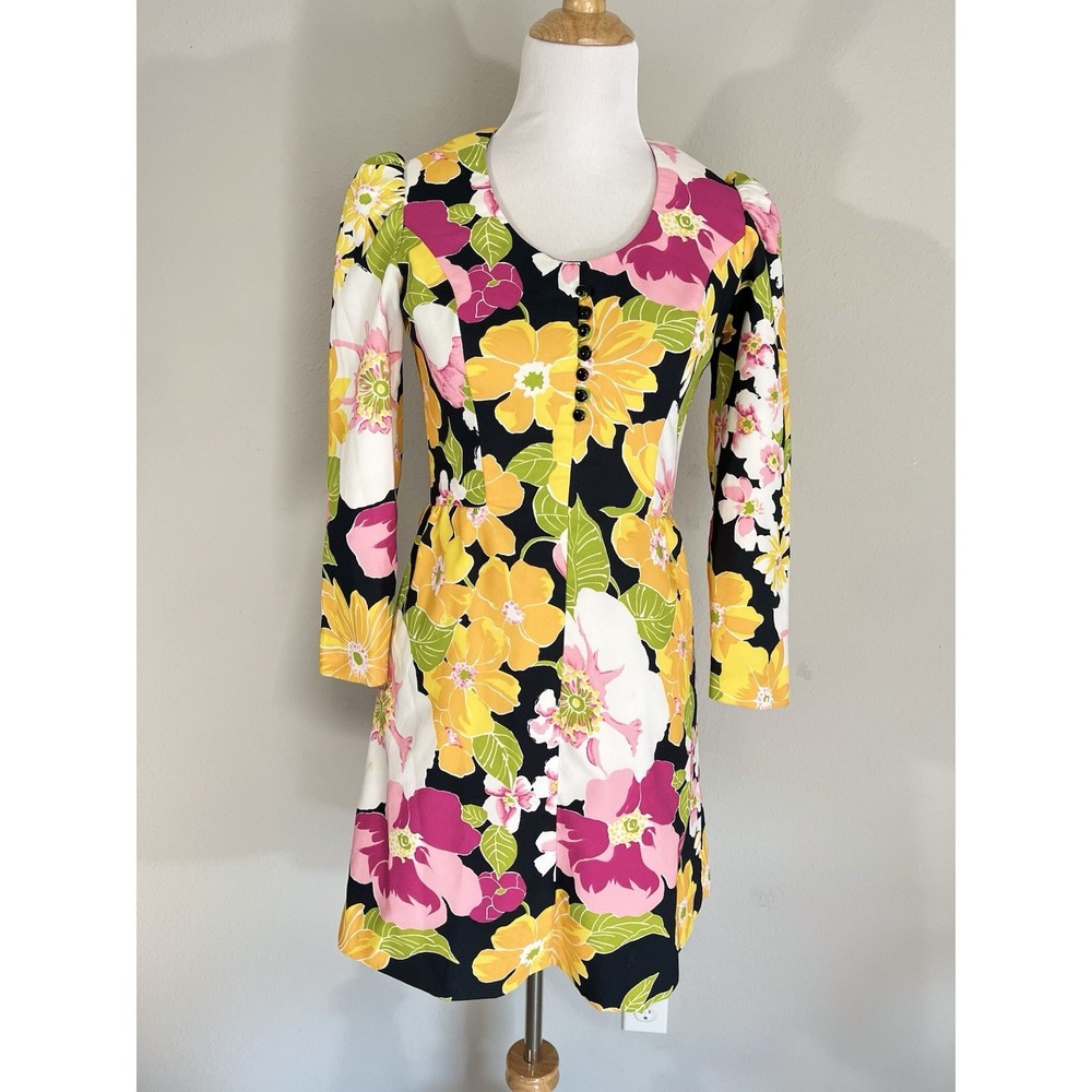 Vintage 60/70s Long Sleeve Mini Dress Floral Psychedelic Groovy Retro Handmade